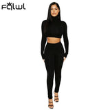 Huibaolu Winter Casual Two 2 Piece Set Sweatsuits Tracksuit For Women Outfits Turtleneck Crop Top Pants Suits Black Matching Sets