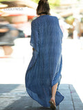 Huibaolu Causal Striped V-neck Button Front Open Summer Beach Dress Blue Tunic Women Plus Size Clothes Maxi Dresses Q1097