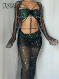 Huibaolu Sequins Knitted Hollow Out Long Sleeve Crop Top And Midi Bodycon Skirt Four Piece Set Summer Women Beach Outfits