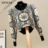 Huibaolu Acrylic Knitted Diamonds Beading O-Neck Long Sleeve Women's Sweater Korean Fashion Chic Pullover Sweaters Autumn Winter