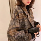 Huibaolu Women Winter Korean Woolen Plaid Jacket Tweed Vintage Loose Female Coat Slim Double Breasted Lapel Spliced Button Overcoat