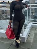 Huibaolu Summer Sexy Solid One Piece Yoga Jumpsuits For Women 2023 O Neck Long Sleeve Backless Mesh Hooded Knit Jumpsuit Women