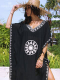 Huibaolu Black Oversize V Neck Moroccan Kaftan Beach Dress Plus Size Women Summer Half Sleeve Side Split Midi Dresses Tunica Q643