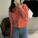 Huibaolu Knitted Cardigans Thick Heart Buttons Autumn Sweaters Women Loose Casual Round Neck Short Tops Soft Sweet Winter O108