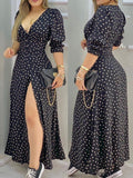 huibaolu Print Sexy High Slit Maxi Dress Women V Neck Puff Sleeve Summer Long Dress