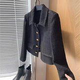 Huibaolu Woolen Cropped Jackets Korean Elegant Tweed Coats Autunn Lapel Slim Casual Office Lady Single Breasted Black Outerwear