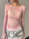 Huibaolu Floral Print Sexy See Through Pink T-shirts Long Sleeve Mesh Tops Korean Chic Harajuku Smock Top y2k Clothes Women 2023