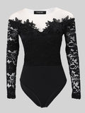 huibaolu Trim Sheer Long Sleeve V Neck Skinny Rompers Women Bodysuit