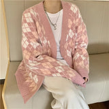 Huibaolu Cardigans Long Sleeve Knitted Argyle Sweater Women Korean Pink Vest Sweaters Female Jumpers Cardigan Jacket with Buttons