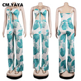 Huibaolu Women Sleeveless Leaf Print Tie Up Cut Out Waist Straight Jumpsuit Summer 2023 Beach One Piece Overall Romper Playsuits