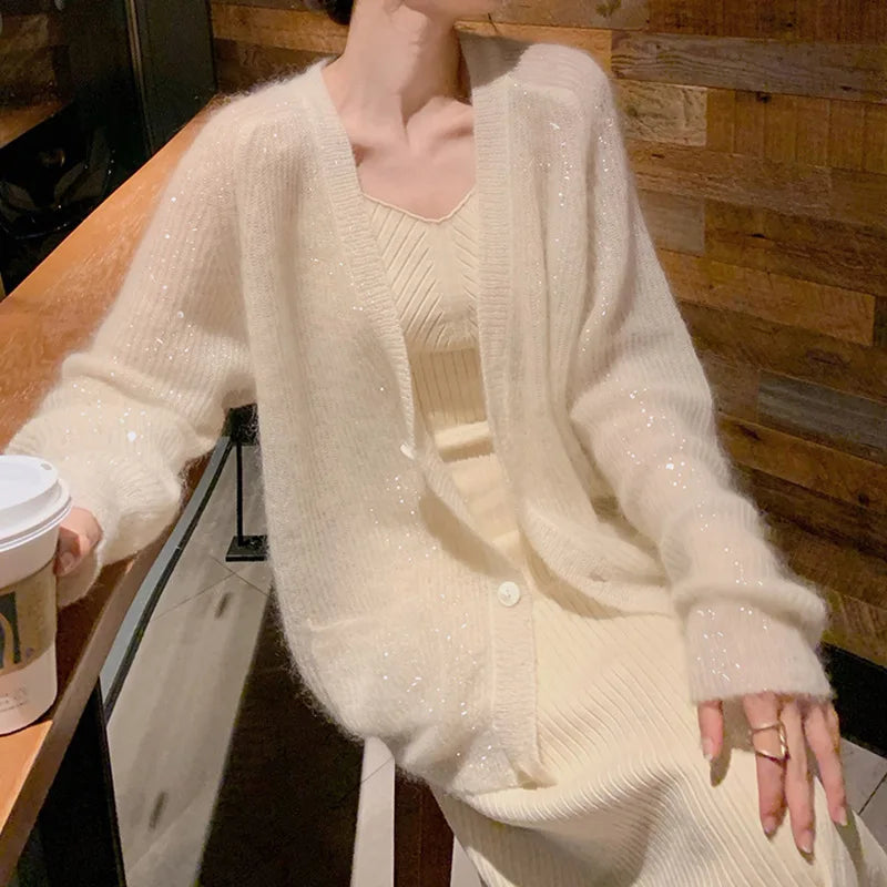Huibaolu Winter New Women's Mohair Knitted Cardigan Loose Casual V-Neck Long Sleeve Sweater Tops Fashion Bright Silk Coats T343