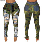 Huibaolu New Autumn Winter Female Denim Pants Women Skinny Hole Spliced Camouflage Print Jeans Sexy Pencil Bandage Trousers