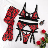 Huibaolu Leopard Lingerie With Stocking Cut Out Bra Sensual Brief Sets 4-Piece See Through Lace Fancy Underwear Garter Intimate