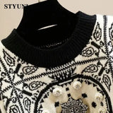 Huibaolu Acrylic Knitted Diamonds Beading O-Neck Long Sleeve Women's Sweater Korean Fashion Chic Pullover Sweaters Autumn Winter