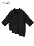 huibaolu 2023 Summer New Half Sleeve Oversize Gothic Shirt Women Y2K Asymmetrical Black Button Ladies Blouse Street Clothing Tops