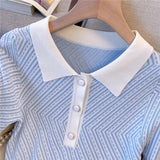 Huibaolu Dress Women Summer Blue Stripe Casual Polo Slim Mini Dresses Elegant O-neck Short Sleeve High Waist Dress Sweet N716