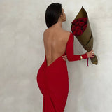 Huibaolu Maxi Dress Elegant Red Long Sleeve Sexy Ruched Bodyocn Evening Party Dress for Women 2023 Spring Slim Christmas Outfits