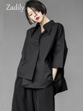 huibaolu 2023 Summer New Half Sleeve Oversize Gothic Shirt Women Y2K Asymmetrical Black Button Ladies Blouse Street Clothing Tops