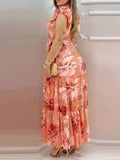 huibaolu Print Lantern Sleeve V-Neck Chiffon Dress Women Casual Maxi Dress