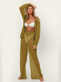 Huibaolu 2 pcs Solid Color Tops Pants Suit Casual Autumn Clothes Woman Long Sleeves Top Bottoms Full Length Pants Beach Wear A1780