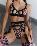 Huibaolu Leopard Lingerie With Stocking Cut Out Bra Sensual Brief Sets 4-Piece See Through Lace Fancy Underwear Garter Intimate