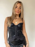 huibahe Patchwork PU Leather Lace Women Camis Top Black Spaghetti Strap Bandage Camis Top Femme Summer French Elegant Streetwear