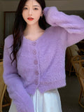 Huibaolu Fashion O Neck Knitted Cardigan Woman Long Sleeve Pink Sweater Button Croppe Tops Femme 2023 Autumn Winter Women Clothes