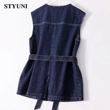 Huibaolu Denim Cotton Solid Casual Basic Sleeveless Lace Up Women's Jacket Single Breasted O-Neck Korean Fashion Short Coat Vest