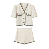 Huibaolu Shorts Suit Women 2023 Summer Short Sleeve Single-breasted Tops High Waist Shorts Two Piece Set