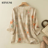 Huibaolu Chinoiserie Print Casual Women's Blouse Shirt 2023 Summer Short Sleeve Loose Round Neck Buttons Female Clothing Blouses