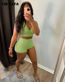 Huibaolu Women Set Solid Waffle Sleeveless V-neck Crop Tops Strechy Shorts Two 2 Piece Sets Tracksuit Sweatsuit Summer Outfits