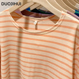 Huibaolu Classic Striped Loose Simple Casual Women T-shirts Korean New Basic O-neck Long Sleeves Fashion Autumn Female T-shirts