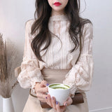 Huibaolu Stand Collar Shirts for Women Puff Sleeve Floral Lace Women Blouse Casual Shirt Solid Ladies Tops Blusas Mujer New 6899