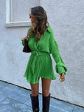 Huibaolu Pleated Green Shirt Dress with Belt Turn Down Collar Long Sleeve Mini Dress for Women 2023 Summer y2k Fashion Cardigan