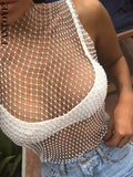 huibahe Sexy Shiny Diamond Fishnet Women Tops Black Round Neck See Through Tops Women Summer Skinny Fashion Party Clubwear 2023