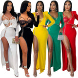 Huibaolu Women Diamonds Hot Drill Side High Side Split Midi Maxi Dress and Lace Sleeveless Bodysuit Matching Set 2 Piece Outfit