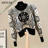 Huibaolu Acrylic Knitted Diamonds Beading O-Neck Long Sleeve Women's Sweater Korean Fashion Chic Pullover Sweaters Autumn Winter