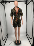 Huibaolu Elegant Camouflage Half Sleeve Zipper Fly Romper for Women 2023 Summer Military Active Sport One Piece Playsuit Overall