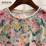 Huibaolu Floral Printing French Elegant Chic Pullover Women's Blouse Shirt O-Neck Lantern Sleeve Loose Female Blouses Tops 2023