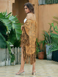 Huibaolu Beach Cover Up Summer Camel Suede Floral Hollow Out Fringed Bikini Cover-ups Vintage Women Beachwear Kimono Cardigan A918