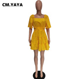 Huibaolu Women Cut Out High Waist Open Back Half Sleeve Big Swing Ruffle Hem Smock Dress 2023 Summer Female Street Yellow Dresses