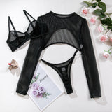 Huibaolu Fishnet Lingerie Transparent Bra Set With Long Sleeve Crop Top Sissy Underwear Uncensored Sensual See Through Outfit