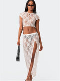 huibahe Sexy See Through Lace Women Skirt Suit Round Neck Crop Top High Slit Two Piece Set Femme Summer Casual Outside Beachwear