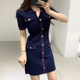 Huibaolu Women Mini Knitted Dress Vintage Metal Buttons High Waist Sheath Pencil Dresses Turn-down Neck Elegant Dress Office Lady N237