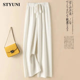 Huibaolu Warm Casual Solid Basic Soft Elastic High Waist Lace Up Women's Pants Wide-Leg Korean Fashion Full-Length Pants For Women