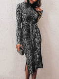 huibaolu Pattern Print Sexy Split Bodycon Dress Women Long Sleeve Slim Belted Mid-calf Dress