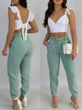 huibaolu Ruffles Backless Knotted Crop Tops &amp; Pocket Design Belted Pants Set Casual Women Two Piece Set Outfits