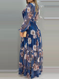 huibaolu Print Lantern Sleeve V-Neck Chiffon Dress Women Casual Maxi Dress