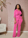 Huibaolu Fall Matching Sets Womens 2 Two Piece Set Sweatsuits For Women Long Sleeve Button Top Outfits Pink Flared Pants Sets 2023