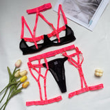 Huibaolu Female Lingerie Porn Sexy Costume Hollow Out Bandage Halter Bra Thongs With Belt Stocking Neon You Can See Underwear